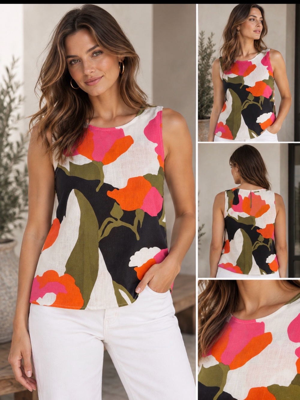 Vince Camuto Floral Sleeveless Tank - Pink, Orange, Olive & Black